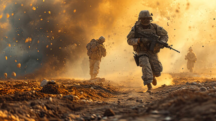 A military man performs a dangerous mission. Explosions and war in the background. - obrazy, fototapety, plakaty