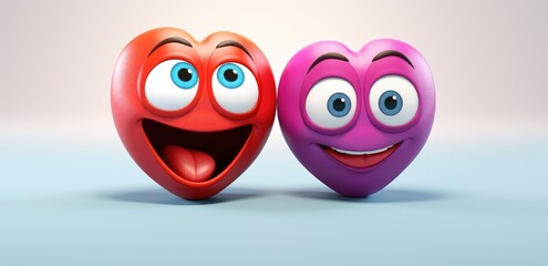 Two 3d animated hearts with emotions, heart emoji. Icon for the day of lovers. Symbol of all lovers