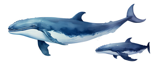 Fototapeta premium Watercolor blue whales illustration isolated on white background