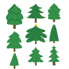 set of green tree forest isolated on white background