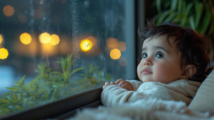 Young toddler boy kid looking through the window at home and copy space