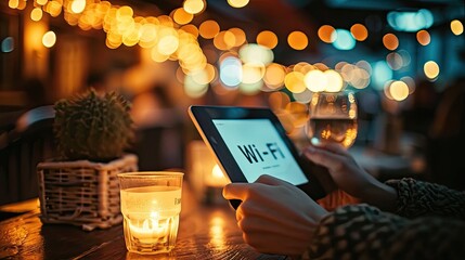 Woman with tablet in restaurant with wi-fi text, with bokeh on background of lights