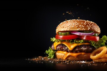 Cheese burger with grilled meat, cheese, tomato, salad and onion rings, on black background with empty copy space Generative AI