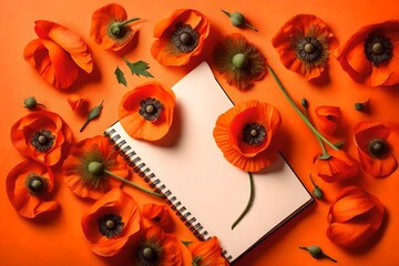 A top view of a blooming poppy flower paired with a notebook mockup on a vibrant orange-red background, symbolizing imagination and creativity.