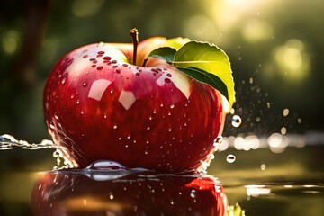 A perfectly ripe red apple with water droplets glistening under soft sunlight.
