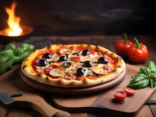 pizza with tomatoes and mushrooms ,pizza on a board, pizza on a table, pizza with salami, pizza on dark background