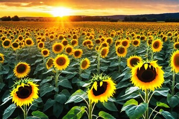 A beautiful field of yellow blooming sunflowers against a sunset background.A beautiful field of yellow blooming sunflowers against a sunset background.