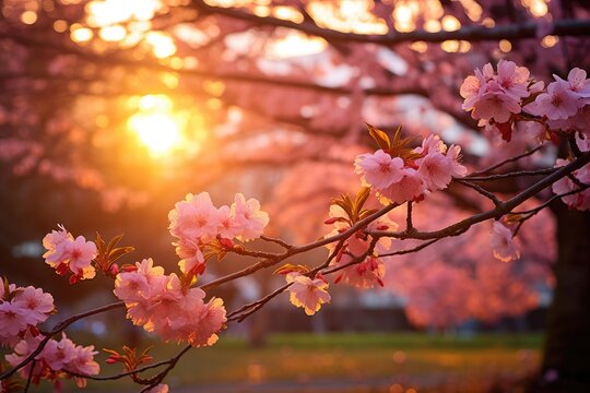 Sunset Elegance: The sky is painted with hues of orange and pink as the setting sun bathes the garden in warm light. Cherry blossoms stand out against the twilight.
