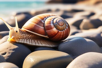 A large brown snail Achatina with a beautiful shell leans out of its shell on a sunny day and lies on sea stones. - Powered by Adobe
