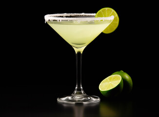 Margarita cocktail in salt-rimmed glass with lime isolated on black background