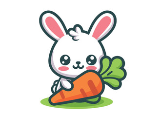Cute funny cartoon rabbit with carrot. vector icon. Isolated object. png
