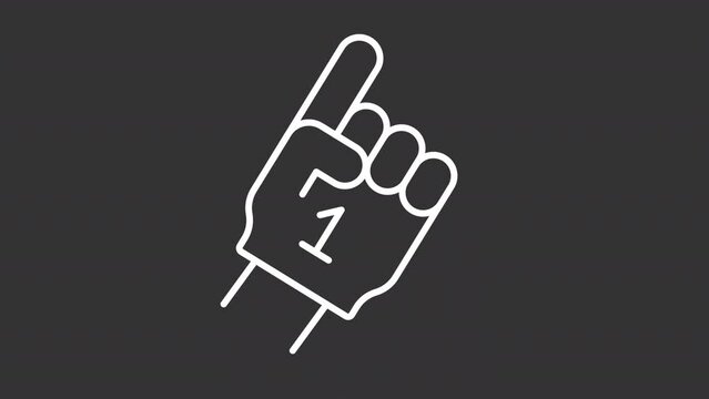 Animated foam finger white icon. Fan support line animation. Sporting event. Game day. Encourage football team. Black illustration on white background. HD video with alpha channel. Motion graphic