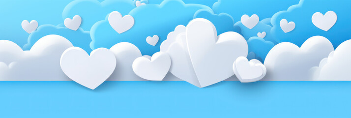 Horizontal banner with blue sky and paper cut clouds. Place for text. Happy Valentine's day sale header or voucher template with hearts