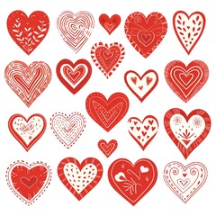 Collection of hand-drawn painted red hearts clipart on white background Generative AI
