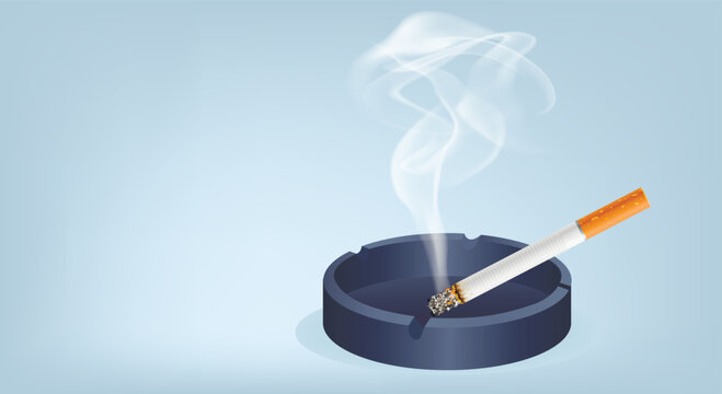 A gray ashtray with a smoking cigarette with a yellow filter. Copy space.