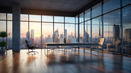 New glass concrete office interior with city view, daylight, wooden floor furniture and equipment