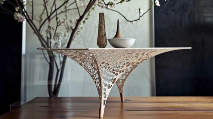 Vintage-inspired triangular table, delicate lace-like filigree