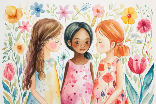 happy international woman's day card with girls and flowers, water color painting