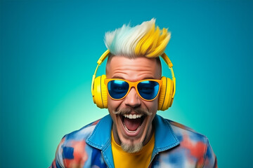 portrait of a person with sunglasses. Young man with yellow blue hair smiling and listening to music with blue headphones while looking at the camera on a blue background. Portrait of young man 