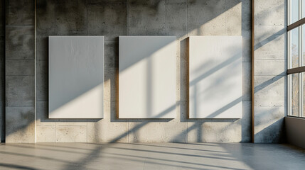 Three white paintings in the gallery.