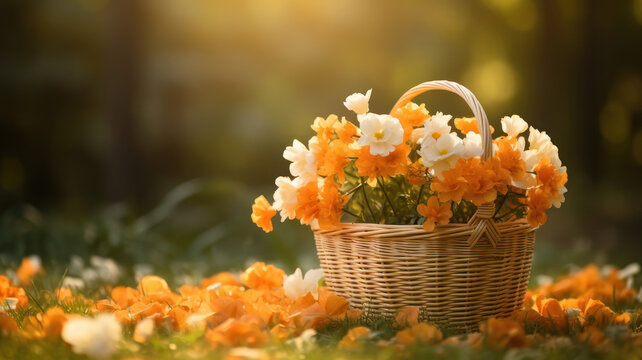 flowers in a basket on nature background copy space