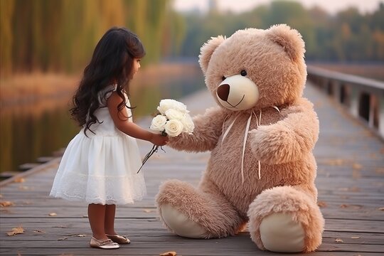 Elegant little girl in white dress with a white rose bouquet, alongside a cuddly teddy bear