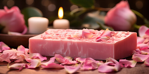 Fototapeta na wymiar Handmade rose soap from flowers, Pink handmade soap from flowers roses.