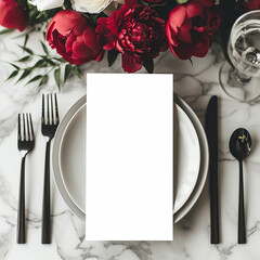 Wedding menu laying on a marble table decorated with red and white peony flowers . Mock-up scene with blank paper greeting cards. Feminine flat lay