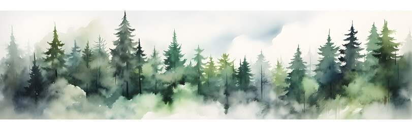 Fototapeta na wymiar Hand drawn watercolor green mountain landscape