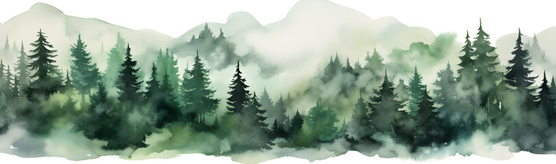 Hand drawn watercolor green mountain landscape