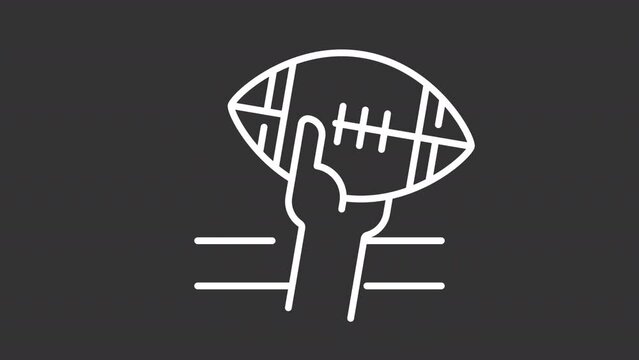 Animated touchdown white icon. Hand and ball line animation. Scoring play. Player carrying pigskin ball. Black illustration on white background. HD video with alpha channel. Motion graphic