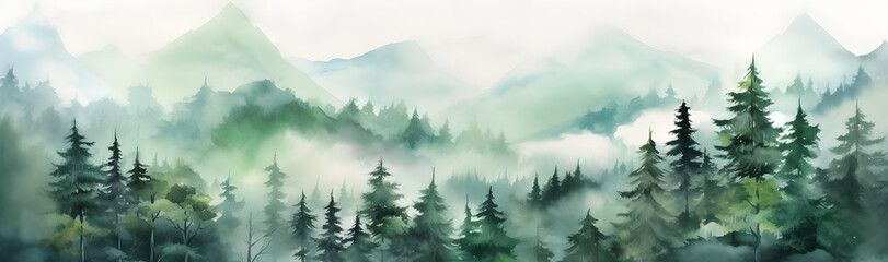 Hand drawn watercolor green mountain landscape - obrazy, fototapety, plakaty