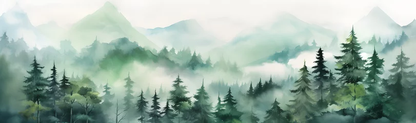 Stoff pro Meter Hand drawn watercolor green mountain landscape © Oksana