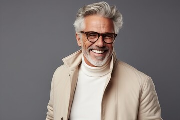 Portrait of smiling senior man in eyeglasses and beige jacket