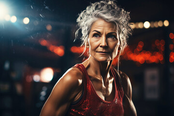 Portrait of athletic gray hair woman working out in gym . Fitness and bodybuilding concept. Healthy...