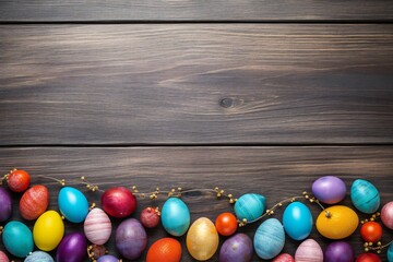 Fototapeta na wymiar Colorful easter eggs on wood plank top desk background, above view Generative AI