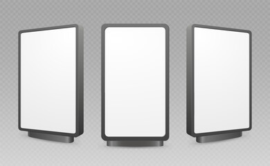 Blank advertisement banner lightbox. Vertical street poster billboard mockup in different position. Here can be your advertising. Vector illustration