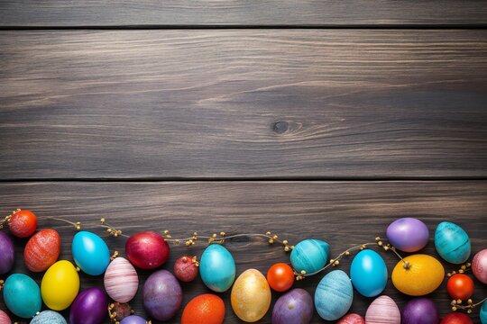 Colorful easter eggs on wood plank top desk background, above view Generative AI