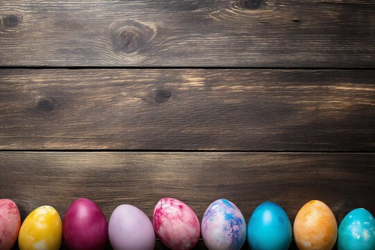 Colorful easter eggs on wood plank top desk background, above view Generative AI