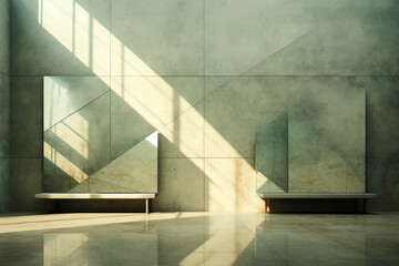 Modern elegant lobby with sharp sunlight and bench shadows