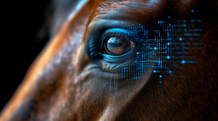 close-up of a horse's eye with digital, blue binary code overlaying its face, merging animal beauty with technology themes