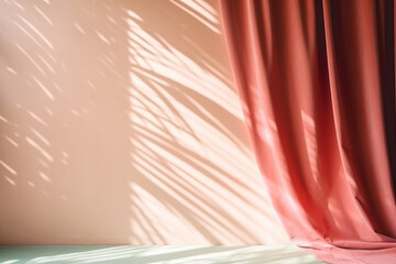Warm sunlight patterns on red curtains in empty room
