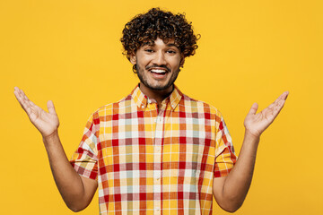 Young excited overjoyed surprised cool fun shocked Indian man he wearing shirt casual clothes...
