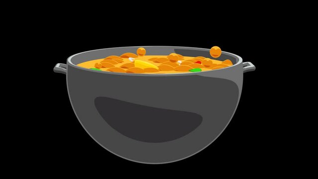 Colorful cartoon boiling bowler with soup on transparent background 4k Animation Stock Footage