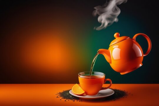 Generated image of a tea pot pouring tea into a cup in front of an orange background, complementary color scheme, peace of orange, dry tea powder on table