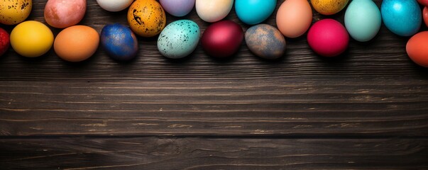 Fototapeta na wymiar Colorful easter eggs on wood plank top desk background, above view Generative AI