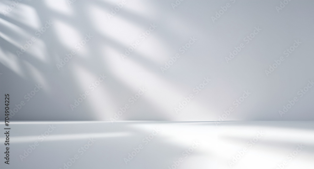 Aufkleber Minimalistic abstract light gray background for product presentation with light and intricate shadow from window on wall.