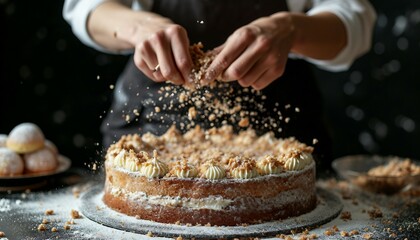 Pastry girl making the cake, sprinkle it with crumbs. Free space for text. The concept of celebration, woman pastry chef bakes a cake in a modern kitchen,
