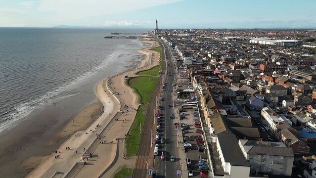 Drone shot of the southern part of Blackpool city in England, United Kingdom