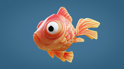 Concept art character of a sad little сute cartoon kawaii funny spherical goldfish with big bulging eyes, yellow belly and red back, round stylized scales floats in the air. 3d render on blue backdrop - obrazy, fototapety, plakaty